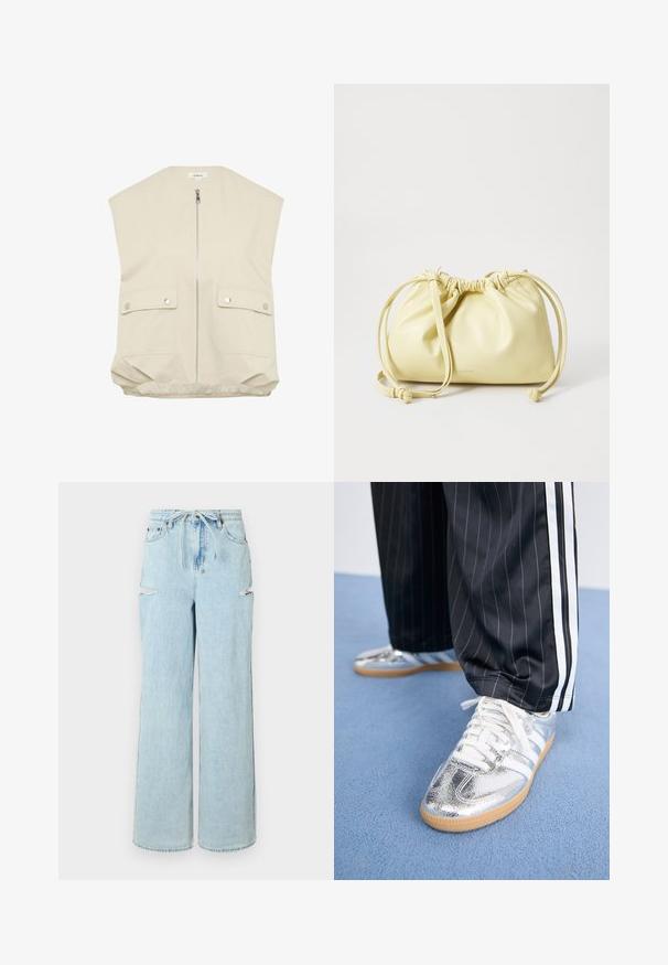 Beige ärmellose Weste mit hohem Kragen, Frontreißverschluss, zwei geknöpften Taschen und einem gerafften Saum. Hergestellt aus glattem, leichtem Stoff.; Weißes Baumwoll-T-Shirt mit kurzen Ärmeln, Rundhalsausschnitt und geradem Schnitt. Glatte Textur, einfaches Design, keine sichtbaren Muster oder Akzente.; Helle blaue Denim-Jeans mit weitem Bein und Kordelzugbund, ausgestattet mit zwei Knie-Rissen und einem sauberen Saum. Weiche Textur mit einer lässigen Passform.; Metallisch silberne Sneaker mit weißen Schnürsenkeln und drei weißen Streifen, kombiniert mit schwarzen Nadelstreifen-Hosen. Gummisohle am Boden.; Gelbe Lederhandtasche mit gerafftem Design, verstellbarem Kordelzugverschluss und einem langen, einzelnen Tragegurt. Minimale Markenkennzeichnung am Boden.