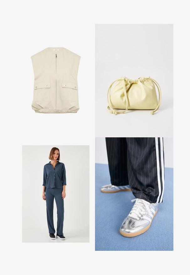Beige mouwloze vest met een hoge hals, ritssluiting aan de voorkant, twee knoopzakken en een geplooide zoom. Gemaakt van een soepele, lichtgewicht stof.; Witte katoenen t-shirt met korte mouwen, een ronde halslijn en een rechte snit. Gladde textuur, eenvoudig ontwerp, geen zichtbare patronen of accenten.; Twee-delig outfit met een gestructureerd, marineblauw overhemd met opgerolde mouwen en bijpassende slim-fit broek. Zwarte sneakers maken de look compleet.; Metalen zilveren sneakers met witte veters en drie witte strepen, gecombineerd met zwarte streepd pants. Gumaansluiting accent aan de onderkant.; Geel leren tas met een geraffineerd ontwerp, verstelbare trekkoordsluiting en een enkele lange schouderband. Minimaal merklogo aan de onderkant.