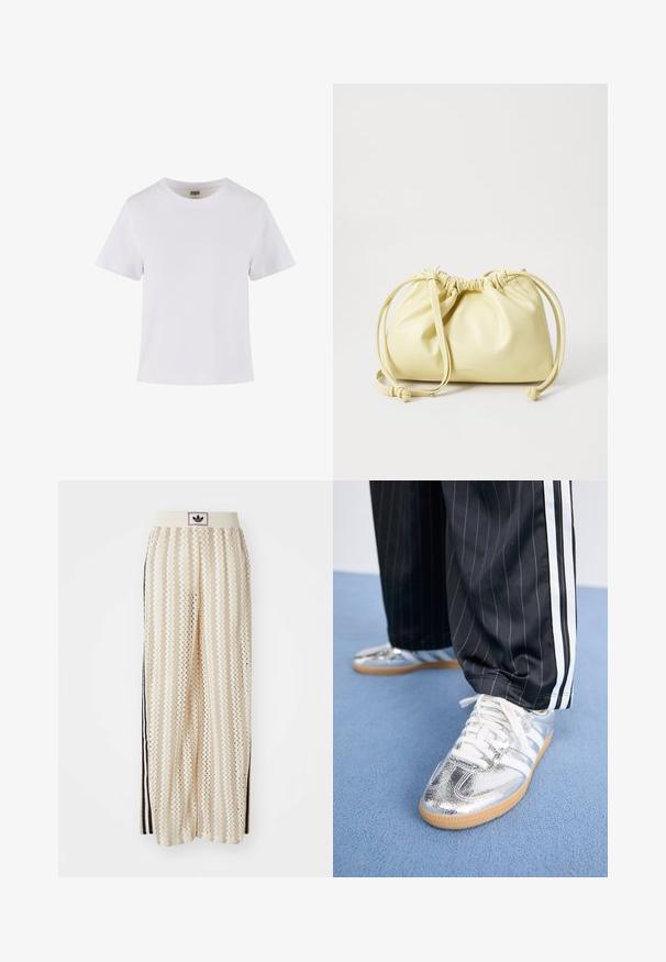 Beżowa bezrękawnik z wysokim dekoltem, z zamkiem błyskawicznym z przodu, dwoma kieszeniami zapinanymi na guziki i zw gatherowanym dołem. Wykonana z gładkiego, lekkiego materiału.; Biała bawełniana koszulka z krótkim rękawem, okrągłym dekoltem i prostym krojem. Gładka faktura, prosty dizajn, brak widocznych wzorów lub akcentów.; Kremowe szerokie spodnie w stylu palazzo z wzorem w zygzak, z czarnym paskiem z logo oraz bocznymi czarnymi paskami. Lekki, teksturowany materiał.; Metaliczne srebrne trampki z białymi sznurowadłami i trzema białymi paskami, zestawione z czarnymi spodniami w prążki. Guma na podeszwie na dole.; Żółta skórzana torba o marszczonym wzorze, z regulowanym zapięciem na sznurek i pojedynczym długim paskiem. Minimalne oznakowanie u dołu.