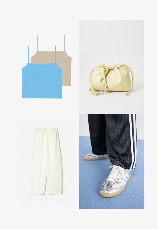 Beige sleeveless vest with a high neckline, front zipper, two buttoned pockets, and a gathered hemline. Made from smooth, lightweight fabric.; Even&Odd 2 PACK - Top - azure blue/simply taupe; Wide-leg trousers in a soft cream fabric, featuring a smooth texture, front pockets, and a relaxed fit with a mid-rise waistband.; Metallic silver sneakers with white laces and three white stripes, paired with black pinstriped pants. Gum sole accent at the bottom.; Yellow leather bag with a gathered design, adjustable drawstring closure, and a single long strap. Minimal branding at the base.