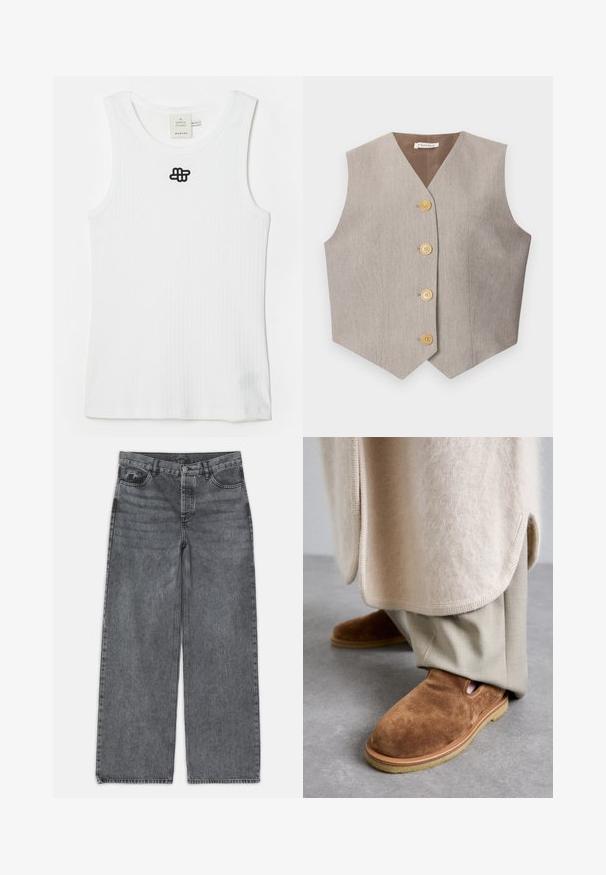 Beige mouwloos vest met een notch revers, voorzien van vier ronde gouden knopen aan de voorkant en een gladde textuur.; Witte geribde tanktop van katoen, met een ronde halslijn en een zwart geborduurd logo op de bovenste linkerkant. Eenvoudig ontwerp, mouwloos.; Wijdere jeans in donkergrijs denim. Kenmerken zijn een hoge taille, vijf zakken en een sluiting met een knoop aan de voorkant. Glad textuur met subtiele vervaging.; Bruine suède instap schoenen met een ronde neus, rubberen zool en uitsnijdingen aan de zijkant, gecombineerd met lichtbeige op maat gemaakte broeken.