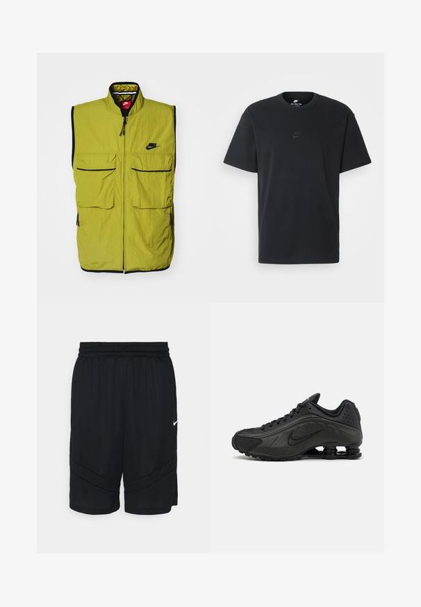 Grön ärmlös väst med två framfickor, dragkedja och svarta detaljer; pryds av Nike-logotypen på bröstet. Strukturerad tyg.; Svart t-shirt i bomull från Nike med klassisk rund halsringning, korta ärmar och en diskret, präglad logotyp på bröstet. Slät textur.; Svarta sportshorts med nätstruktur, elastisk midja och snedstroppdesign på sidorna. Inkluderar en liten vit logotyp.; Svarta löparskor med en slät syntetisk ovandel, perforerade detaljer, texturerade sidopaneler och en distinkt fjädrande sula.