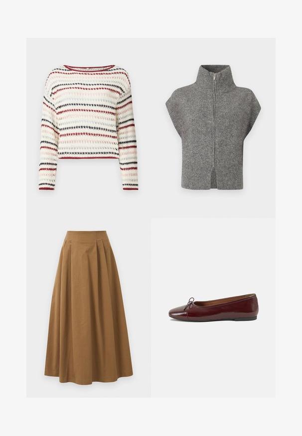 Grauer Strickpullover mit hohem Kragen, Frontreißverschluss und Kap sleeves. Der gerippte Saum und die seitlichen Schlitze verstärken das strukturierte Design.; Häkelpullover mit langen Ärmeln und rundem Ausschnitt; zeigt abwechselnde Streifen in Creme, Rot, Marineblau und Hellrosa; strukturmuster.; Weißes Hemd mit Knöpfen, aus glattem Baumwollstoff, mit klassischem Kragen, langen Ärmeln und abgerundetem Saum. Die Knöpfe sind klein und weiß.; Brauner Baumwoll-A-Linien-Rock mit hoher Taille, der vorne Falten aufweist und eine glatte Textur hat. Der Saum ist sauber und einfach verarbeitet.; Burgunderfarbenes, lackiertes Ballettschuh mit abgerundetem Zehenbereich, kleiner Schleifenakzent vorne und einer niedrigen, schwarzen Gummisohle. Glatte Textur.