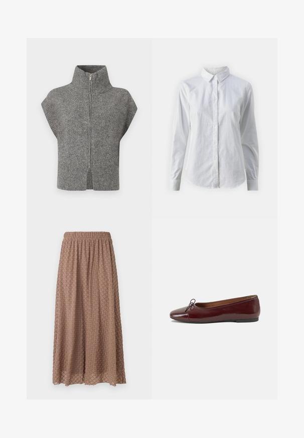 Pelēks adīts džemperis ar augstu apkakli, priekšējo rāvējslēdzēju un īsām piedurknēm. Ribota apakšmala un šķelti sāni uzsver tekstūru dizainu.; Balta pogājamā krekla augšdaļa, izgatavota no gluda kokvilnas, ar klasisku apkakli, garām piedurknēm un izliekto apakšmalu. Pogas ir mazas un baltas.; Brūna, līdz ceļiem garā svārku ar elastīgu jostasvietu, teksturēta auduma ar dimanta rakstu gaišākā tonī, viegla un plūstoša.; Burgundijas laku ādas baleta kurpes ar noapaļotu purngalu, nelielu loku akcentu priekšā un zemu melnu gumijas zoli. Gluda tekstūra.