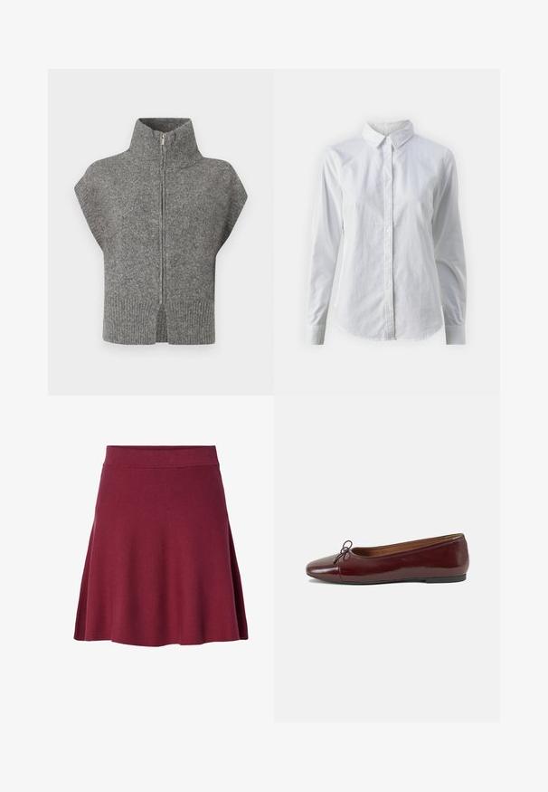 Szürke kötött pulóver magas gallérral, elől cipzárral és rövid ujjakkal. A bordázott alja és a hasított oldalak fokozzák a texturált dizájnt.; Fehér, sima pamutből készült gombos ing, klasszikus gallérral, hosszú ujjakkal és ívelt hemvéggel. A gombok kicsik és fehérek.; Burgundi színű, térdhez érő szoknya, puha, rugalmas anyagból készült; bővülő fazonnal, sima derékpánttal, látható záródások vagy minták nélkül.; Burgundi lakkbőr balettcipő kerek orral, elöl kis masni díszítéssel és alacsony, fekete gumi talppal. Simára csiszolt felület.