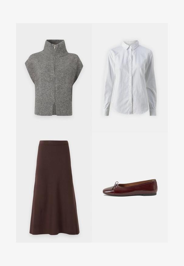 Grauer Strickpullover mit hohem Kragen, Frontreißverschluss und Kap sleeves. Der gerippte Saum und die seitlichen Schlitze verstärken das strukturierte Design.; Weißes Hemd mit Knöpfen, aus glattem Baumwollstoff, mit klassischem Kragen, langen Ärmeln und abgerundetem Saum. Die Knöpfe sind klein und weiß.; Brauner A-Linien-Rock aus glattem Stoff, mit einer taillierten Taille und ausgestelltem Saum, ohne sichtbare Muster oder Verzierungen.; Burgunderfarbenes, lackiertes Ballettschuh mit abgerundetem Zehenbereich, kleiner Schleifenakzent vorne und einer niedrigen, schwarzen Gummisohle. Glatte Textur.
