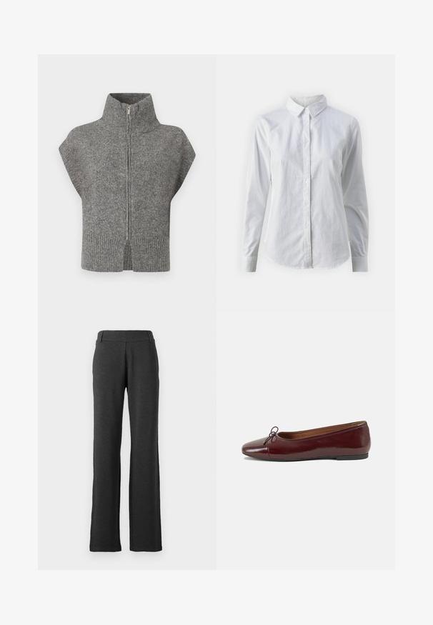 Siv v knitted pulover z visokim ovratnikom, sprednjim zadrgo in kapicami. Rebričen rob in razporki ob straneh poudarjata teksturiran dizajn.; Bela srajca z gumbki, narejena iz gladkega bombaža, s klasičnim ovratnikom, dolgimi rokavi in ukrivljenim robom. Gumbi so majhni in beli.; Temno sivi hlače ravne nogavice iz mehkega blaga. Imajo gladek pas in brez vidnih vzorcev ali dodatkov.; Burgundska patenti usnjeni baletni čevlji z zaobljenim prstom, majhnim lokom na sprednji strani in nizkim črnim gumijastim podplatom. Gladka tekstura.