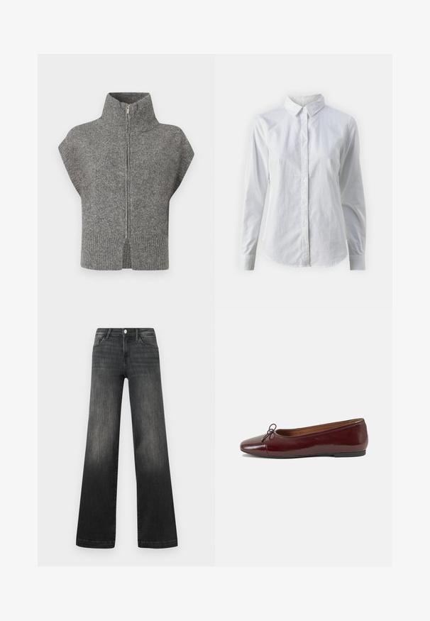Grå strikket sweater med høj krave, frontlynlås og kapærmer. Ribbet kant og split-sider fremhæver det strukturerede design.; Hvid skjorte med knapper lavet af glat bomuld, der har en klassisk krave, lange ærmer og en buet kant. Knapperne er små og hvide.; Sorte bredbenede jeans i falmet denim med frontlommer, en knaplukning og diskret syninger langs sømmene.; Bordeaux patentlæder balletflad med rund tå, lille sløjfeaccent foran og en lav, sort gummisål. Glat tekstur.