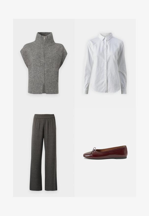 Sivý pletený sveter s vysokým golierom, predným zipsom a krátkymi rukávmi. Rífsovaný lem a rozparky na bokoch zvyšujú textúrovaný dizajn.; Biela košeľa s gombíkmi vyrobená z hladkej bavlny, s klasickým golierom, dlhými rukávmi a zakriveným lemom. Gombíky sú malé a biele.; Šedé široké nohavice z textúrovanej látky, s elastickým pásom a bez vreciek, navrhnuté pre pohodlie a voľnosť pohybu.; Burgundské lakované balerínky s okrúhlou špičkou, malou mašľou na prednej strane a nízkou čiernou gumovou podrážkou. Hladký povrch.