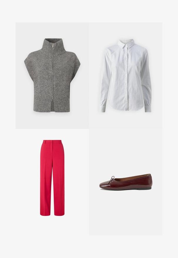 Siv v knitted pulover z visokim ovratnikom, sprednjim zadrgo in kapicami. Rebričen rob in razporki ob straneh poudarjata teksturiran dizajn.; Bela srajca z gumbki, narejena iz gladkega bombaža, s klasičnim ovratnikom, dolgimi rokavi in ukrivljenim robom. Gumbi so majhni in beli.; Rdeče hlače širokega kroja z visokim pasom, z zankami za pas in skritim sprednjim zapiranjem na belem ozadju.; Burgundska patenti usnjeni baletni čevlji z zaobljenim prstom, majhnim lokom na sprednji strani in nizkim črnim gumijastim podplatom. Gladka tekstura.