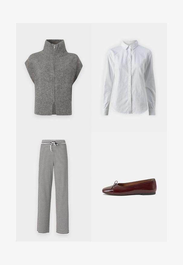 Grijze gebreide trui met een hoge kraag, voorkleurige rits en kapmouwen. De geribbelde zoom en de splitzijden verbeteren het textuurontwerp.; Witte overhemd met knopen van glad katoen, met een klassieke kraag, lange mouwen en een afgeronde zoom. De knopen zijn klein en wit.; Zwart-wit gestreepte wijde broek met een trekkoord in de taille. Zacht materiaal met een ontspannen pasvorm. Verticale strepen over de gehele broek.; Bordeaux gepatenteerd lederen ballerina met een ronde neus, een klein strikaccent aan de voorkant en een lage, zwarte rubberen zool. Glad textuur.
