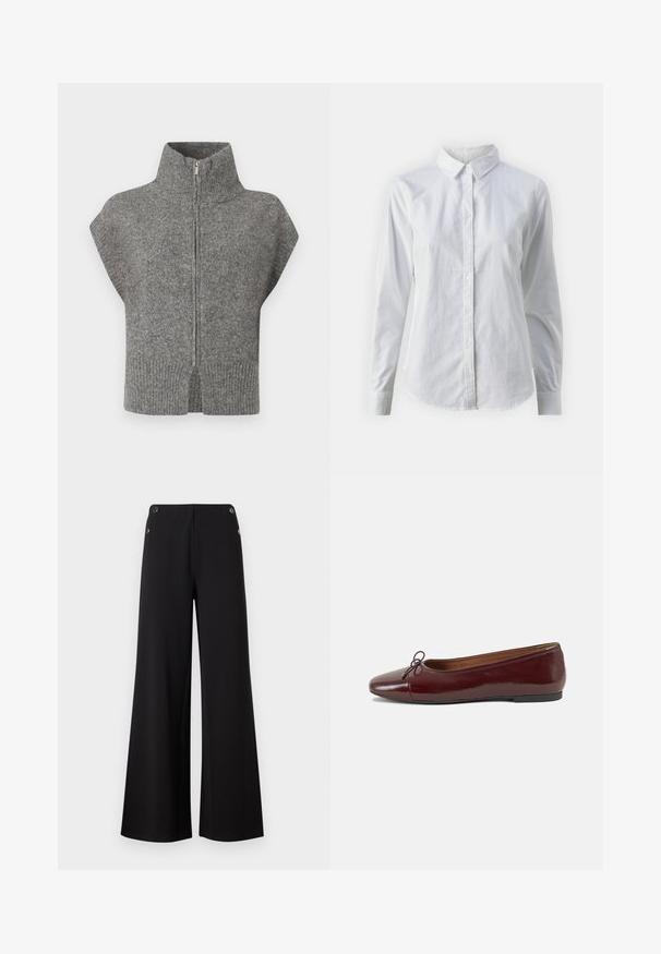 Szürke kötött pulóver magas gallérral, elől cipzárral és rövid ujjakkal. A bordázott alja és a hasított oldalak fokozzák a texturált dizájnt.; Fehér, sima pamutből készült gombos ing, klasszikus gallérral, hosszú ujjakkal és ívelt hemvéggel. A gombok kicsik és fehérek.; Fekete, bő szárú nadrág sima anyagból, aranyszínű gombdíszítéssel a derekán és letisztult, minimalista kialakítással.; Burgundi lakkbőr balettcipő kerek orral, elöl kis masni díszítéssel és alacsony, fekete gumi talppal. Simára csiszolt felület.