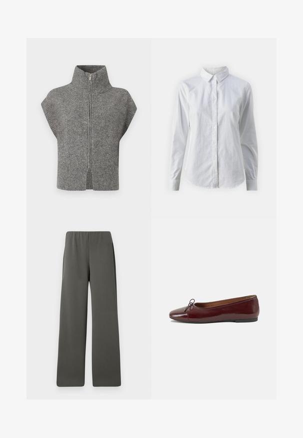 Hallide hallustega hall kampsun, millel on kõrge kaelus, esi lukustus ja käepärased varrukad. Ribitud serv ja lõhikud külgedel täiustavad tekstuurset disaini.; Valge nööpidega särk, mis on valmistatud siledast puuvillast. Särgil on klassikaline krae, pikad varrukad ja kaarduv äär. Nöödid on väikesed ja valged.; Tumed hallid kõrge vöökoha laiad püksid, millel on elastne vöö, laotatuna valge tausta peale.; Burgundi patendnahk kingad balletitüüpi, ümmarguse ninaosa, ees väike paelaaktsent ja madal must kummist tald. Sile tekstuur.