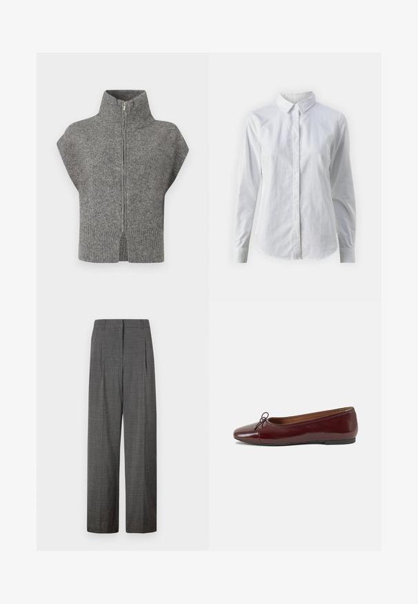 Pelēks adīts džemperis ar augstu apkakli, priekšējo rāvējslēdzēju un īsām piedurknēm. Ribota apakšmala un šķelti sāni uzsver tekstūru dizainu.; Balta pogājamā krekla augšdaļa, izgatavota no gluda kokvilnas, ar klasisku apkakli, garām piedurknēm un izliekto apakšmalu. Pogas ir mazas un baltas.; Vero Moda VMSIKITA WIDE DAD PANT - Auduma bikses - medium grey/black; Burgundijas laku ādas baleta kurpes ar noapaļotu purngalu, nelielu loku akcentu priekšā un zemu melnu gumijas zoli. Gluda tekstūra.