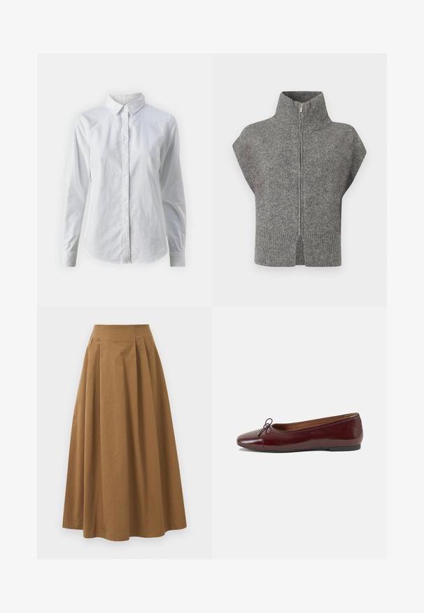Šedý pletený svetr s vysokým límcem, předním zipem a krátkými rukávy. Žebrovaný lem a rozparky po stranách dotvářejí texturovaný design.; Bílá košile na knoflíky vyrobená z hladké bavlny, s klasickým límcem, dlouhými rukávy a zakřiveným spodním lemem. Knoflíky jsou malé a bílé.; Hnědá bavlněná sukně ve stylu A s vysokým pasem, se sklady na přední straně a hladkou texturou. Lemování je čisté a jednoduché.; Burgundské lakové baleríny s kulatou špičkou, malou mašlí vpředu a nízkou černou gumovou podrážkou. Hladký povrch.