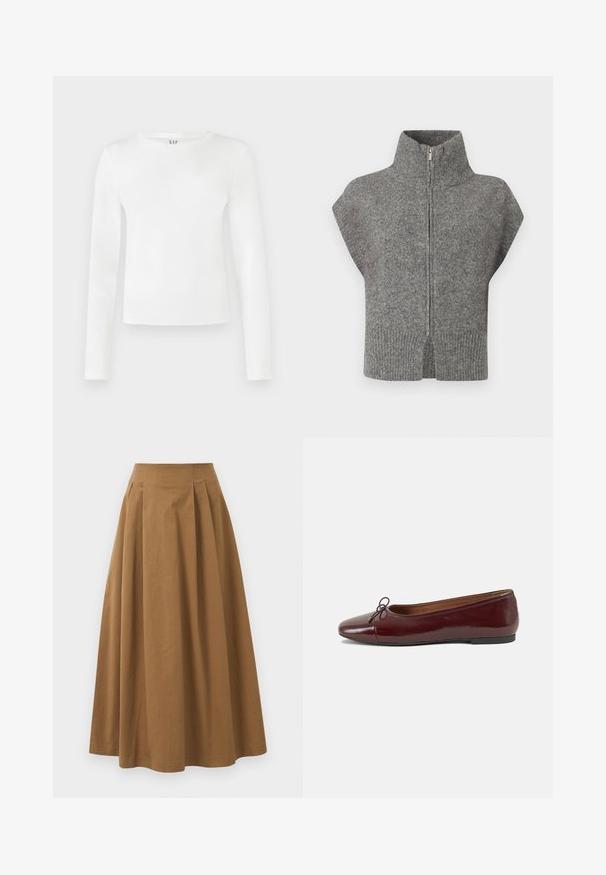 Grauer Strickpullover mit hohem Kragen, Frontreißverschluss und Kap sleeves. Der gerippte Saum und die seitlichen Schlitze verstärken das strukturierte Design.; Langärmliges T-Shirt mit Rundhalsausschnitt aus solidem weißen Stoff. Es hat eine figurbetonte Silhouette mit glatter Textur und einem dezenten Markenlogo am Ausschnitt.; Brauner Baumwoll-A-Linien-Rock mit hoher Taille, der vorne Falten aufweist und eine glatte Textur hat. Der Saum ist sauber und einfach verarbeitet.; Burgunderfarbenes, lackiertes Ballettschuh mit abgerundetem Zehenbereich, kleiner Schleifenakzent vorne und einer niedrigen, schwarzen Gummisohle. Glatte Textur.