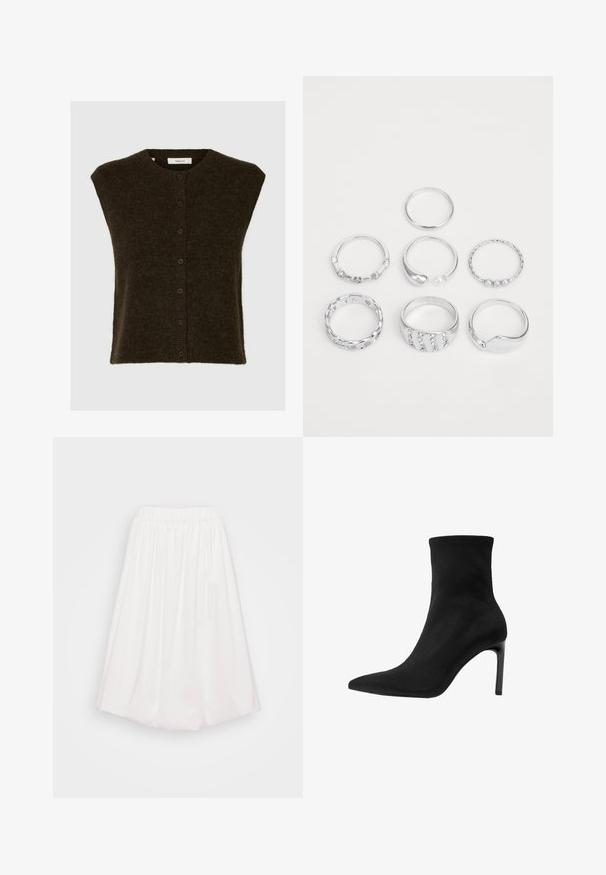 Cardigan senza maniche di un verde scuro, realizzato in materiale morbido e peloso. Presenta una chiusura con bottoni sul davanti, un collo arrotondato e una trama delicata.; Canotta bianca a coste, con spalline larghe e un design aderente, abbinata a pantaloni neri a vita alta e una cintura nera.; Camicia a maniche lunghe a righe azzurre chiare con chiusura frontale a bottoni, collo classico e orlo arrotondato. Realizzata in tessuto tessuto con una texture morbida.; Gonna bianca al ginocchio con vita elasticizzata, realizzata in tessuto morbido, caratterizzata da una struttura arricciata per un effetto voluminoso.; Stivale alla caviglia nero in suede liscio, con punta appuntita e alto tacco a stiletto. Design elegante e minimalista senza decorazioni.; Set di otto anelli in argento, con vari design tra cui lisci, texturizzati e uno con piccole perle. Caratteristiche includono curve e dettagli decorativi.