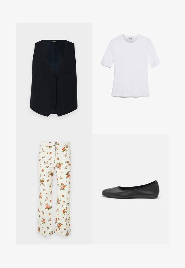 Navy tailored vest with a V-neck, six front buttons, and a single chest pocket. Smooth fabric and patterned inner lining.; White short-sleeve t-shirt made of ribbed fabric. Round neckline, regular fit, and subtle stitching details. No patterns or graphics.; Floral pants made of lightweight fabric, featuring an off-white base with pink and orange rose patterns, straight-leg design, and two back pockets.; Black leather ballet flat with a rounded toe, smooth texture, minimal stitching detail, and a flexible sole design.