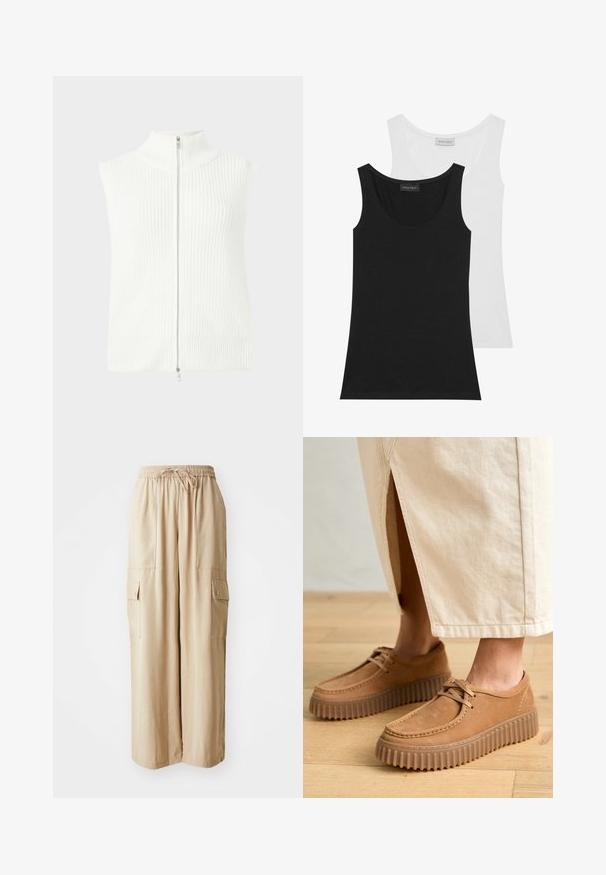 White sleeveless knit top with a high collar and front zipper. Features ribbed texture and straight hem. Minimalistic design.; Two tank tops in black and white. Made of soft cotton, they feature a round neckline and sleeveless design. Labels are visible at the back.; Beige wide-leg cargo pants made from a lightweight fabric. Features an elastic waistband, drawstring, and side pockets with flaps.; Tan leather shoes with a textured surface, round toe, and thick, ridged soles. Laces and stitching detail enhance the design.