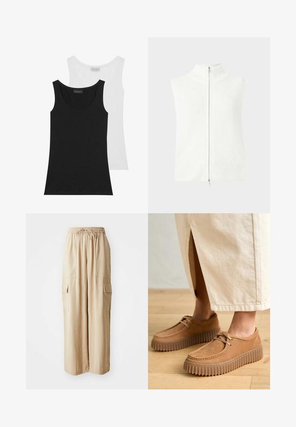 Biely bezrukávový pletený top s vysokým golierom a predným zipsom. Obsahuje ryhovanú textúru a rovný lem. Minimalistický dizajn.; Dva tílka v čiernej a bielej farbe. Vyrobené z jemného bavlneného materiálu, majú okrúhly výstrih a bezrukávový dizajn. Na zadnej strane sú viditeľné etikety.; Béžové široké cargo nohavice vyrobené z ľahkej tkaniny. Majú elastický pás, šnúrku na stiahnutie a postranné vrecká so chlopňami.; Svetlé kožené topánky s textúrovaným povrchom, okrúhlou špičkou a hrubými, zúbkovanými podrážkami. Šnúrky a detaily šitia zvýrazňujú dizajn.