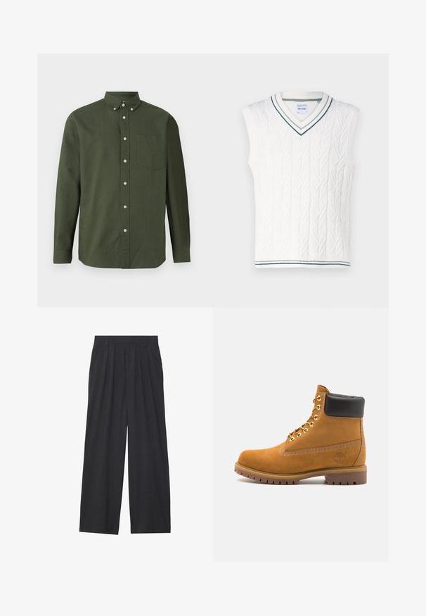 Only & Sons ONSCLAS LIFE VEST - Colete - antique white; Camisa de botão verde-escura com mangas longas, gola, um único bolso no peito e detalhes brancos nos botões; feita de um tecido leve.; T-shirt de algodão bege com decote redondo e mangas curtas. Apresenta um discreto logo "Levi's" na mesma cor no peito. Textura suave.; Calças de perna larga feitas de tecido cinza escuro. Apresentam pregas na cintura, um design sob medida e uma silhueta reta.; Botim de tornozelo em camurça bege com colarinho acolchoado preto, ilhós de metal dourado, detalhes de costura branca e sola de borracha robusta com sulcos pronunciados.