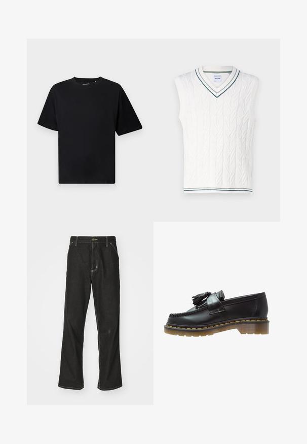 Only & Sons ONSCLAS LIFE VEST - Mellény - antique white; Fekete, rövid ujjú, kerek nyakú póló, laza szabással, fehér háttér előtt bemutatva.; Fekete farmernadrág laza szabással, kontrasztos fehér varrással, gombos záródással és egyenes lábmegoldással.; Fekete bőr loaferek texturált felülettel, dekoratív bojtokkal és kontrasztos sárga varrással, tömzsi, átlátszó talpon.