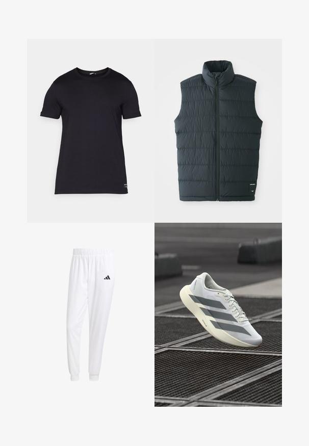 Melns pūkains bezmugurs, augsts apkakle, vertikāla quiltota tekstūra, pilna rāvējslēdzēja aizdare un mazs logotipa uzlīme apakšējā labajā pusē.; Melnā īsām piedurknēm T-krekls, izgatavots no gludas kokvilnas auduma, ar apaļu kakla izgriezumu un mazu logotipa birku tuvumā apakšējai malai.; Baltas sporta bikses, kas izgatavotas no gludas auduma, ar elastīgu jostu un pieguļošiem uzmavām, ar melnu logotipu aizmugurējā kabatā.; Balts sporta apavs ar teksturētu sieta augšdaļu, pelēkām svītrām un mīkstinātu zolīti. Viegls dizains, piemērots skriešanai.