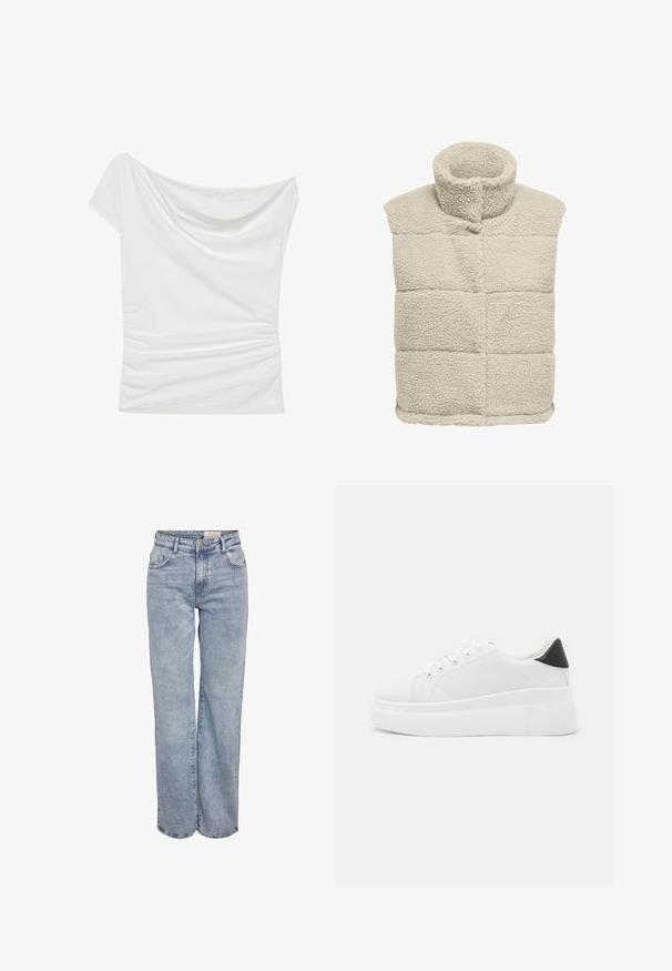 Beige Fleece-Weste mit hohem Kragen, gestepptem Design und weicher, strukturierter Oberfläche. Ohne Ärmel, mit einem einzigen Verschluss am Hals.; Weißes schulterfreies Oberteil aus weichem Stoff, mit einem drapierten Ausschnitt und gerafftem Seitendetail, sowie einem strukturierten Spitzenakzent am Saum.; Hellblau weite Jeans aus Denim, mit hoher Taille, fünf Taschen-Design und subtilen Ausbleichungen für einen eingesessenen Look.; Weiße Plateausneaker aus glattem Kunstmaterial, mit runder Zehenform, Schnürdesign und einer strukturierten Gummisohle. Schwarzer Fersenakzent.