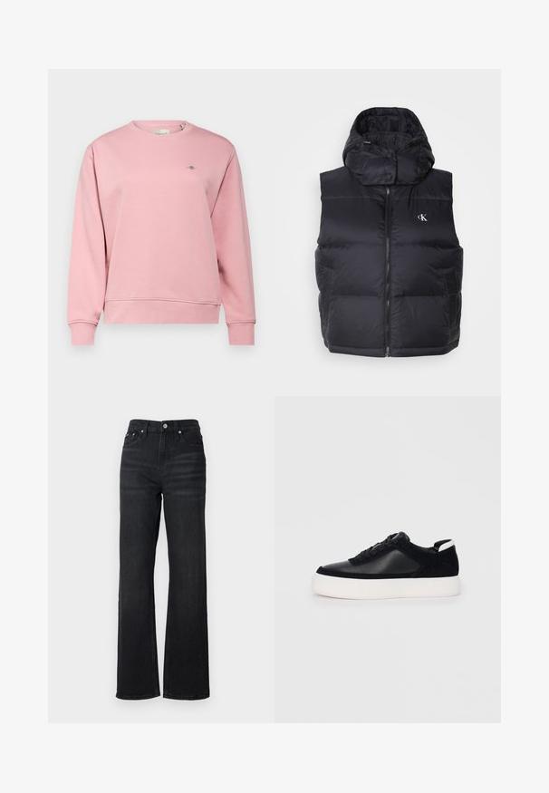 Svart dunvest med høy krage og hette. Har glidelås foran og to sidelommer. Glatt, blankt materiale med quiltemønster.; GANT SHIELD C NECK - Sweatshirt - dusty pink; Sorte denim vide bukser med høj talje, fem-lomme design og sølv metalknap. Stoffer har en glat tekstur og let stræk.; Svart sneakers med glatt skinn og semsket skinnpaneler, flate snørebånd, rund tå og hvit gummisåle. Distinkt logo på hælen.