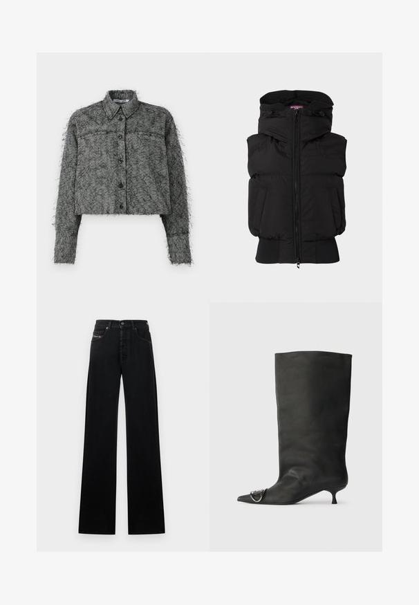 Vest puf negru cu guler înalt, fermoar în față și manșete elastice. Include două buzunare laterale și branding minim pe piept.; Jachetă scurtă cu model herringbone în culori negre și gri, cu front cu nasturi, mâneci lungi și guler clasic, având o finisare texturată și pufoasă.; Blugi negri cu picioare largi, din denim, cu închidere frontală cu nasturi, cinci buzunare și o mică etichetă cu logo pe talie.; Botină neagră din piele cu vârf ascuțit, toc mic și detaliu metalic pe vârf. Textură netedă, mată pe întreaga suprafață.