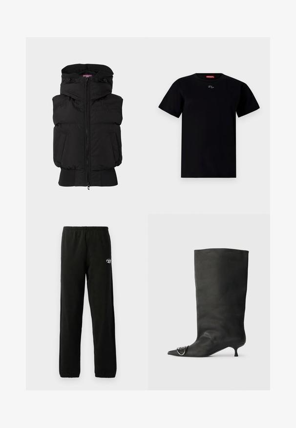Černá nadýchaná vesta s vysokým límcem, předním zipem a elastickými manžetami. Obsahuje dvě boční kapsy a minimalní značení na hrudi.; Černé bavlněné tričko s kulatým výstřihem, krátkými rukávy a malým emblémem uprostřed hrudi. Měkká textura a běžný střih.; Černé tepláky s elastickým pasem a manžetami. Obsahují malé logo na stehně. Vyrobené z měkké, hladké látky.; Černá kožená kotníková bota s špičatou špičkou, malým podpatkem a kovovým akcentem na špičce. Hladký, matný povrch po celém obvodu.
