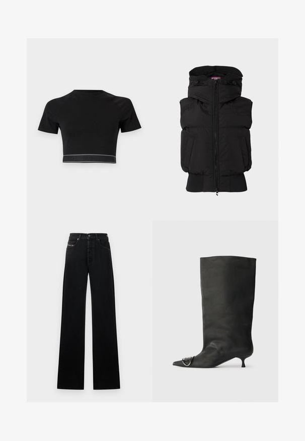 Musta pörröinen liivi korkealla kauluksella, etuvetoketjulla ja joustavilla hihansuilla. Siinä on kaksi sivutaskua ja minimibrändäys rintapielessä.; Mustat lyhyet hihaiset croppitopit, pyöreällä kaula-aukolla ja kontrastivärisellä logonauha alareunassa, jossa lukee "HUGO" mustalla tummalla taustalla.; Mustat leveälahkeiset farkut, jotka on valmistettu denimistä. Niissä on edessä nappikiinnitys, viisi taskua ja pieni logopläntti vyötäröllä.; Musta nahkainen nilkkabootsi, jossa on terävä kärki, pieni korko ja metallinen korostus kärjessä. Pehmeä, mattapintainen rakenne kauttaaltaan.