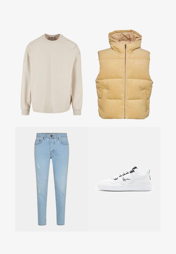 Sárga kordbársony pufivest kapucnival, elülső cipzárral, oldalsó zsebekkel és tűzött, textúrált mintával.; Beige bordázott, hosszú ujjú pulóver, kerek nyakkal, ejtett vállakkal és bordázott mandzsettákkal. Puha tapintású és laza szabású.; Világoskék, slim fit farmernadrág, gombos záródással, öt zsebbel és kopott részletekkel a textúra és a dizájn érdekében.; Fehér bőr sportcipő fekete akcentusokkal, oldalon található jellegzetes logóval, kerek orral és textúrált gumitalppal.