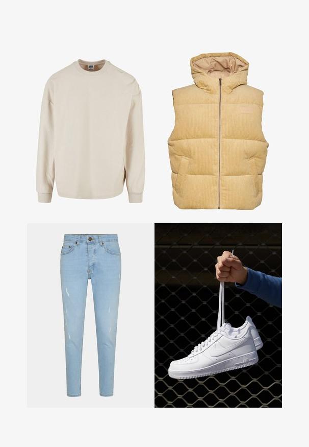 Gul kordflams puffärmed med huva, med dragkedja fram, sidofickor och ett kviltat, strukturerat mönster.; Beige ribbad långärmad sweatshirt med rund halsringning, med neddragna axlar och ribbade manschetter. Mjuk textur och avslappnad passform.; Ljusblå denimjeans med smal passform, med slitna detaljer och subtil blekning. Klassisk design med fem fickor och metalldetaljer vid knäppningen.; Vita lädersneakers med perforeringar, rund tå, platt sula och tjocka snörning, med en synlig swoosh-logga och "AIR" på hälen.
