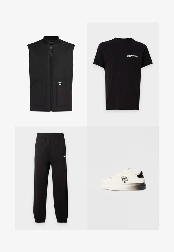 Musta hihaton liivi, jossa on vetoketjusuljenta, kaksi etutaskua ja pieni logopatch. Valmistettu sileästä ja kestävästä kankaasta, modernilla muotoilulla.; Musta t-paita, joka on valmistettu puuvillasta, ja siinä on pyöreä kaula-aukko sekä lyhyet hihat. Huomionarvoinen valkoinen logoteksti vasemmassa rinnassa. Yksinkertainen muotoilu.; Mustat verkkarit, joissa on joustava vyötärö, kapenevat lahkeet ja pieni valkoinen logo vasemmalla puolella. Kankaan pinta on sileä.; Valkoiset tennarit, joissa on sileä nahkaverhoilu, mustat yksityiskohdat kantapäässä ja sarjakuvamainen logo. Ominaisuuksina paksu, hieman läpinäkyvä pohja.