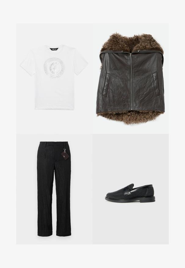 Tumši brūns ādas veste ar priekšējo rāvējslēdzēju, divām sānu kabatām un mīkstu, cirtainu kažokādu apdari, kas redzama apkaklē un malās.; Balts īsām piedurknēm T-krekls ar apaļu kaklu, uz kura priekšpuses ir sudraba apaļš čūska un burta "J" logo ar tekstu "Just Cavalli".; Melni, teksturēti, platās kājas bikses ar gludu apdari un redzamām šuvēm; iekļauta birka, kas pievienota ar sudraba krāsas piederuma cilpu.; Melnas austas slaidu kurpes ar gludu ādas akcentu augšpusē, apaļas formas purngalu un zemas profila gumijas zoli.