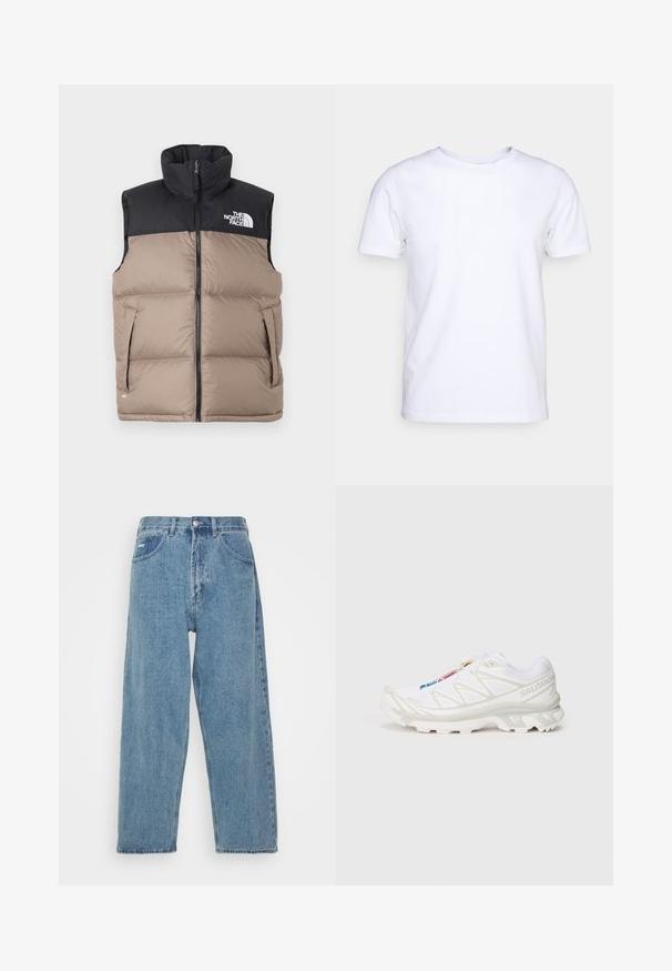Juodas ir smėlio spalvos pūkinis liemuo su aukšta apykakle, užtrauktuku ir šoniniais kišenėmis. Viršutinėje kairėje pusėje yra "The North Face" logotipas.; Balta trumpomis rankovėmis marškinėliai, pagaminti iš medvilnės audinio, su apvaliu kaklu. Paprastas dizainas be raštų ar akcentų. Lygi tekstūra.; Šviesiai mėlynos džinsinės kelnės su aukštu liemeniu, laisvo kirpimo, turinčios dvi priekinės kišenes, nugarinę kišenę su užklijuotu logotipu ir kniedinį užsegimą.; Baltas sportinis batelis su tekstūruotu tinkliniu viršumi, atspindinčiais akcentais ir paminkštintu padu. Išskirtinis prekės ženklo logotipas šone.