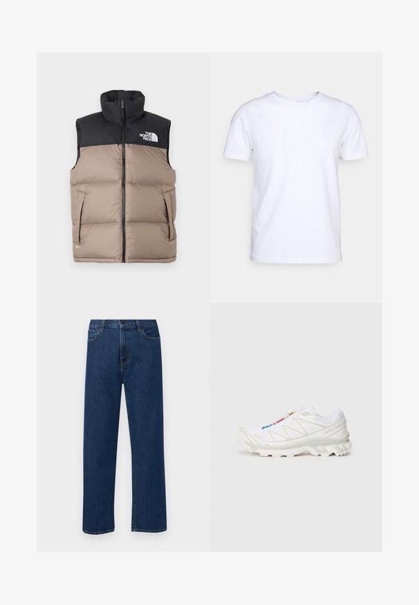 Schwarze und beige Steppweste mit hohem Kragen, Reißverschluss und Seitentaschen. Mit dem Logo von The North Face auf der oberen linken Seite.; Weißes T-Shirt mit kurzen Ärmeln aus Baumwollstoff und rundem Halsausschnitt. Schlichtes Design ohne Muster oder Akzente. Glatte Textur.; Dunkelblaue gerade geschnittene Jeans mit Fronttaschen und Knopfverschluss, auf einem schlichten weißen Hintergrund präsentiert.; Weiße Sportlich-Schuh mit strukturiertem Mesh-Obermaterial, reflektierenden Akzenten und einer gepolsterten Sohle. Auffälliges Markenlogo an der Seite.