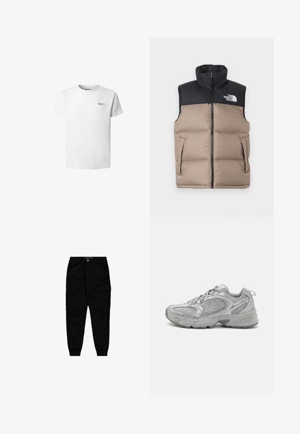 Melns un bēšs pūkains vests ar augstu apkakli, rāvējslēdzēja aizdari un sānu kabatām. Augšējā kreisajā pusē ir "The North Face" logo.; Balts kokvilnas T-krekls ar apaļu kaklu, īsām piedurknēm un mazu melnu logotipu kreisajā krūtī. Gluda tekstūra, standarta piegriezums.; Melna kokvilnas kravas bikses ar divām priekšējām kabatām un divām sānu kravas kabatām, ar elastīgām kājām un jostu.; Sudraba sporta apavi ar elegantu dizainu, acs paneļiem, mīkstu valvi, teksturētu sintētisku virsu un gumijas zoli labākai saķerei.