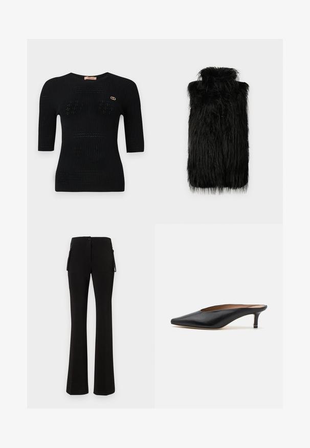 Gilet en fausse fourrure noire avec un col haut et une texture longue et shaggy. Coupe droite et sans fermetures visibles. Design simple et moderne.; Top en maille côtelée noir à manches courtes, avec des motifs subtils et un accent de logo doré près de l'encolure.; Pantalons évasés noirs en matériau lisse et extensible. Présentent une fermeture à bouton à l'avant et des poches zippées sur les côtés pour une utilité supplémentaire.; Mules en cuir noir avec un bout pointu et un petit talon carré. Texture lisse avec un design épuré. Dos ouvert avec un minimum de détails.