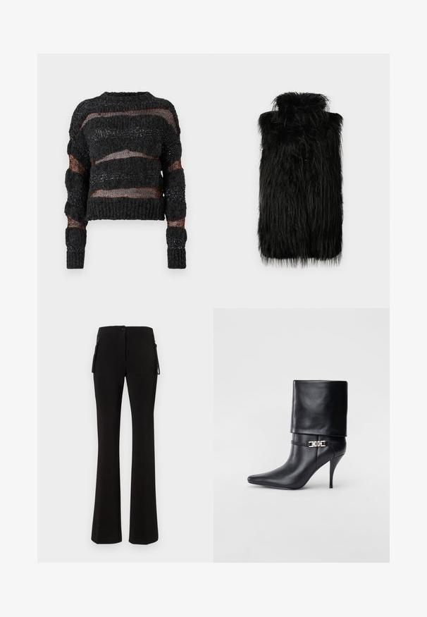 Juodas dirbtinis kailio liemenė su aukštu apykakle ir ilgais, plazdančiais plaukais. Tiesus kirpimas, jokių matomų užsegimų. Paprastas, modernus dizainas.; Juoda sutrumpinta megzta džemperis su tekstūruotu pynimu, turintis horizontalius atvirus audinius ir kontrastingas oranžines siūles. Ilgos rankovės su gumytėmis.; Juodas ilgas rankovės viršus pagamintas iš lengvos, tekstūruotos medžiagos su susiraukšlėjimais palei rankoves ir šonines siūles. Apvalus iškirptė.; Juodi platūs kelnės, pagamintos iš lygios, tamprios medžiagos. Yra priekinis mygtuko užsegimas ir šoniniai užtrauktukų kišenės papildomai funkcionalumui.; Juodos odinės kulkšninių botų su smailiu nosiu, aukštu stiletto kulnu, apvyniojamu kraštu ir auksine dekoratyvine sagtimi prie kulkšnies.