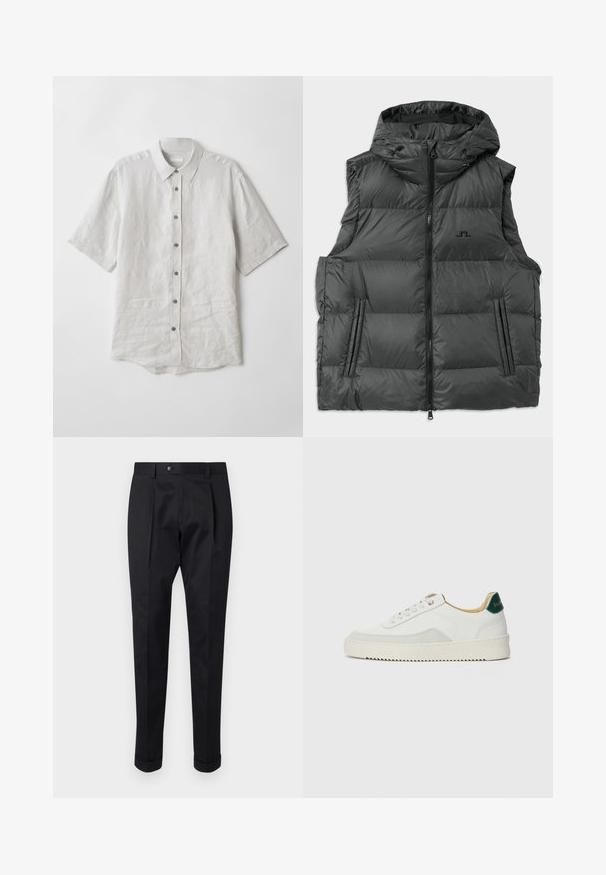 Svart polstret vest med hette, med glidelås foran, to sidelommer og logo på brystet. Glatt, blankt materiale og quiltet design.; Kortermet skjorte med knapper i lys grå lin. Har klassisk krage, knappestolpe og lett buet nederkant. Myk tekstur med minimale rynker.; Sorte bukser laget av et glatt stoff, med en fold foran, knappelukking, og oppbrettede mansjetter ved ankelen.; Hvit sneakers med semsket detaljer, rund tå, flate snøringer og en kremfarget gummisåle. Har grønn merking på hælen.