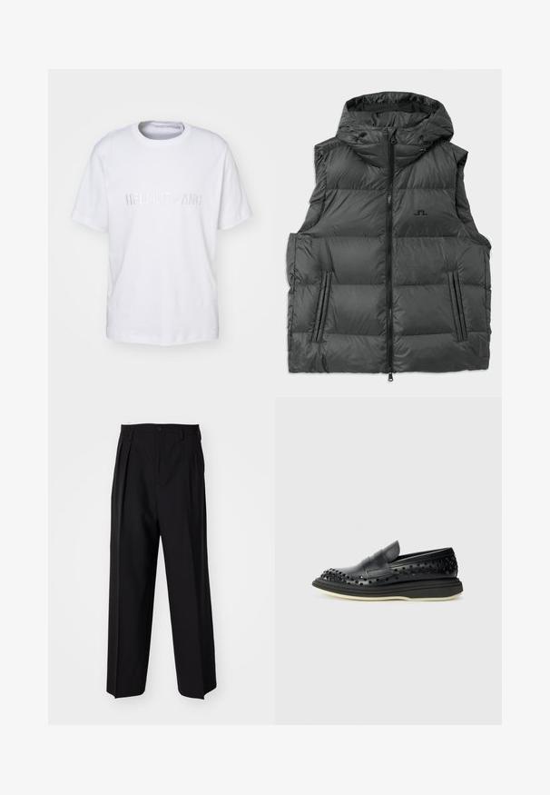 Schwarze gepolsterte Weste mit Kapuze, ausgestattet mit einem Reißverschluss auf der Vorderseite, zwei Seitentaschen und einem Logo auf der Brust. Glattes, glänzendes Material und gestepptes Design.; Helmut Lang LOGO TEE - T-Shirt print - white; Schwarze, plissierte Hose mit geradem, weitem Bein. Hergestellt aus glattem Stoff, mit Knopfverschluss und Gürtelschlaufen.; The Antipode COLLEGE PIERCED - Slipper - black