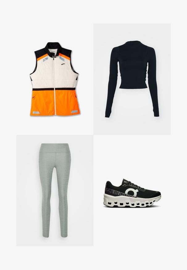 Lichte vest met een witte gevoerde body, zwarte schoudersectie en een feloranje onderkant. Inclusief reflecterende accenten en ritszakken.; Zwarte, lange mouwen cropped top met een hoge halslijn. Gemaakt van gladde, aansluitende stof zonder zichtbare patronen of accenten.; Lichtgroene leggings van rekbare stof, met een gladde textuur, hoge tailleband en een aansluitend ontwerp. Geen zichtbare patronen of accenten.; Zwarte hardloopschoen met een gestructureerde mesh bovenkant, opvallend wit logo en een unieke wit- en zwartgekleurde gevormde zool met hexagonale uitsparingen.