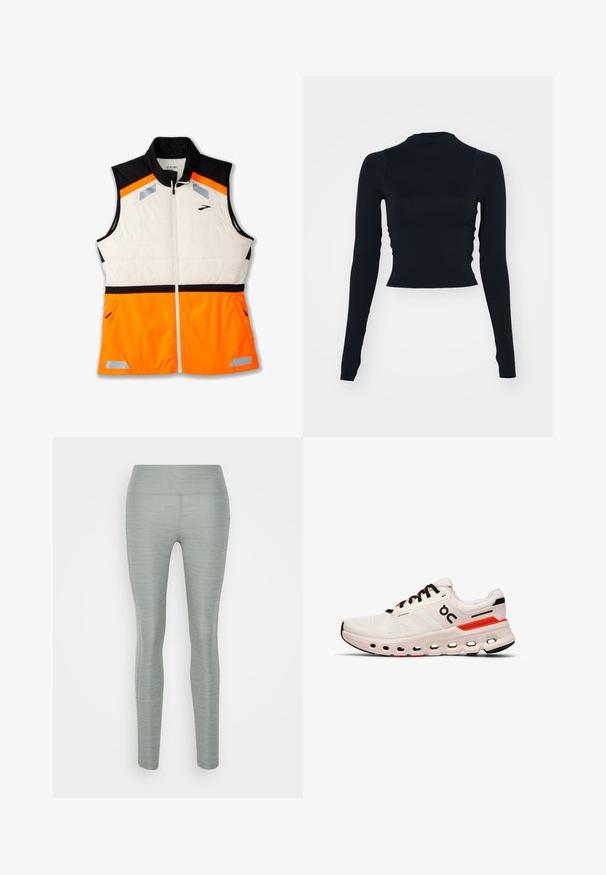 Kerge veste, millel on valge polsterdatud keha, must õlavarreosa ja ereoranž alumine osa. Peegeldavad detailid ja lukuga taskud on lisatud.; Must mustaga, pikka varrukaga lühike topp kõrge kaelusega. Valmistatud siledast, liibuvast materjalist, ilma nähtavate mustrite või aktsentideta.; Kerged rohelised leggingud venivast kangast, millel on sile tekstuur, kõrge vöökoht ja keha lähedane disain. Ilma nähtavate mustrite või aksessuurideta.; On CLOUDRUNNER 2 - Maanteejooksu jalatsid - undyed   sand