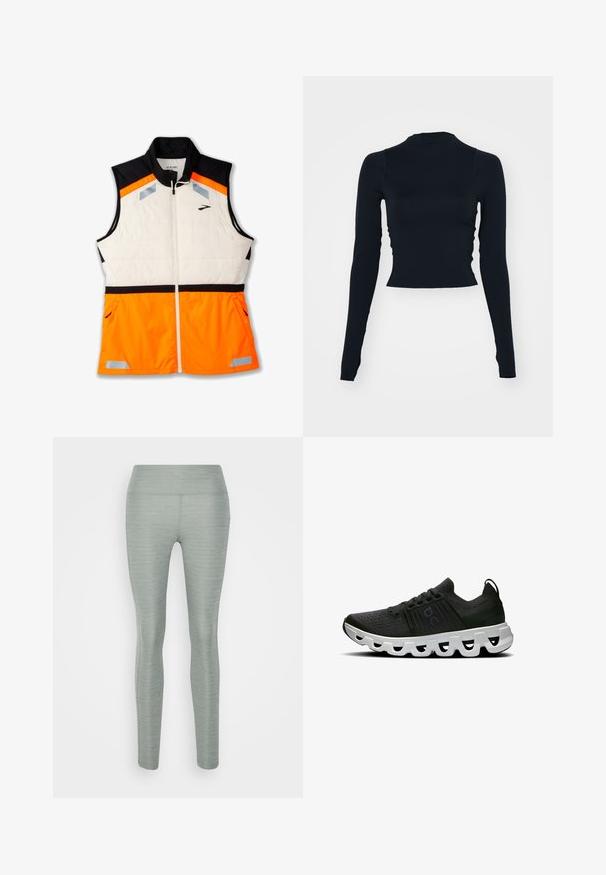 Lehká vesta s bílou vycpávanou částí těla, černou ramenní částí a živou oranžovou spodní částí. Součástí jsou reflexní detaily a kapsy na zip.; Černý, dlouhý rukáv, cropped top s vysokým výstřihem. Vyrobeno z hladkého, přiléhavého materiálu bez viditelných vzorů nebo akcentů.; Světlé zelené legíny vyrobené z elastického materiálu, s hladkou texturou, vysokým pasem a přiléhavým střihem. Bez viditelných vzorů nebo akcentů.; Sportovní boty z černé síťoviny s texturovaným povrchem, s výraznou bílou vlnitou podrážkou a černými akcenty. Součástí jsou šňůrky a poutko na patě.