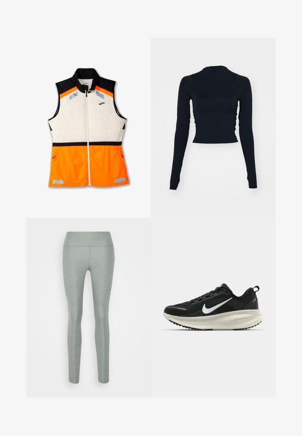 Lehká vesta s bílou vycpávanou částí těla, černou ramenní částí a živou oranžovou spodní částí. Součástí jsou reflexní detaily a kapsy na zip.; Černý, dlouhý rukáv, cropped top s vysokým výstřihem. Vyrobeno z hladkého, přiléhavého materiálu bez viditelných vzorů nebo akcentů.; Světlé zelené legíny vyrobené z elastického materiálu, s hladkou texturou, vysokým pasem a přiléhavým střihem. Bez viditelných vzorů nebo akcentů.; Černá běžecká obuv Nike s prodyšným síťovaným svrškem, bílým logem swoosh, texturovanými detaily a krémovou mezipodešví ZoomX.