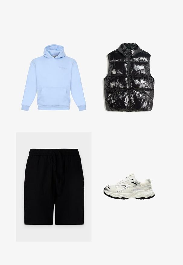 Crni puffer prsluk s visokim ovratnikom, sjajnom završnom obradom, zatvaranjem na zip i kockastim dizajnom s naglaskom na dijagonalne šavove.; Svijetloplava dukserica napravljena od mekog materijala, sa prednjim džepom, elastičnim manžetama i izvezenim logotipom na prsima.; Crne kratke hlače od laganog materijala, s elastičnim pojasom i vezicom, bočnim džepovima i opuštenim krojem.; Bijele tenisice s mrežastim gornjim dijelom, srebrnim naglascima, crnim potplatom i teksturiranim panelima. Imaju vezivanje na vezice i zaobljen oblik prstiju.