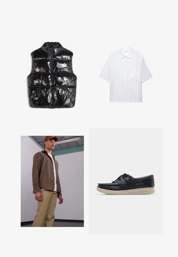 Schwarze Steppweste mit hohem Kragen, glänzender Oberfläche, durchgehendem Reißverschluss und gestepptem Design mit diagonalen Nahtakzenten.; Weißes Kurzarmhemd mit Knopfleiste, Kragen und einer Brusttasche. Aus leichtem Stoff mit glatter Textur gefertigt.; Braunes karierter Hemd mit langen Ärmeln, kombiniert mit beigen Hosen, getragen über einem weißen T-Shirt. Das Modell steht in einer einfachen Inneneinstellung.; Marineblaue Lederbootschuhe mit niedrigem Profil, weißer Gummisohle, runden Schnürsenkeln und dekorativer Seitennähung; ausgestattet mit metallischen Ösen und Logo.