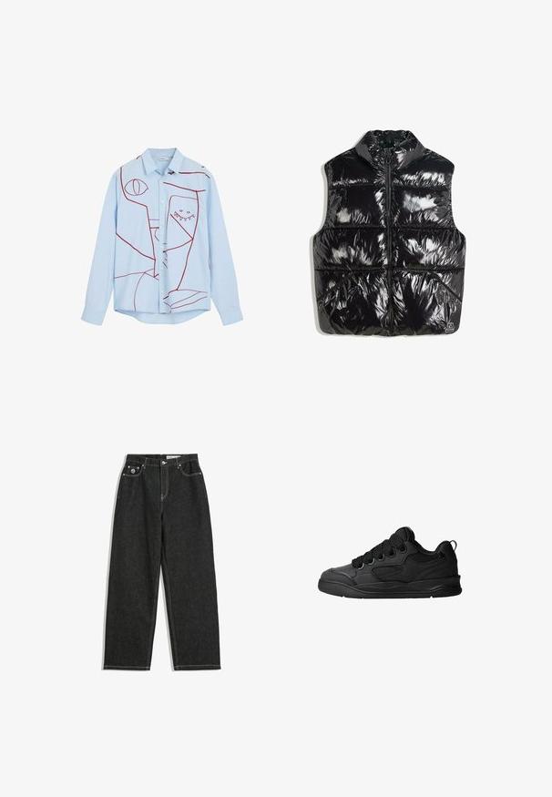 Zwarte puffervest met hoge kraag, glanzende afwerking, ritssluiting aan de voorkant en gepatineerd ontwerp met diagonale naadaccenten.; Lichtblauwe button-up shirt met rode abstracte borduursels, waaronder ogen en een tandige ontwerp, met een klassieke kraag en lange mouwen.; Zwarte rechte jeans met witte stiksels, vijf-pocket ontwerp, knoop- en ritsluiting, en een klein logo op de voorkant van de rechterzak.; Zwarte sneakers met een gestructureerde bovenkant, voorzien van veters, mesh-details voor ademend vermogen, een gevoerd kraagje en een stevige zool.